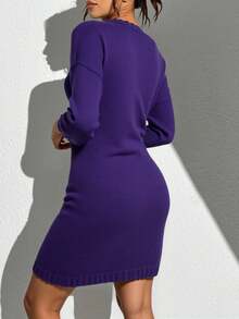 Vestido de punto  Liso  Rombos    Casual  Elegante    Tejido similar a la lana    Trenzado  Canalé    Noche de fiesta  Casa  Oficina  Tener una cita    otoño/invierno - Morado - Ver 2