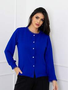 camisa social feminina manga longa com renda tecido duna