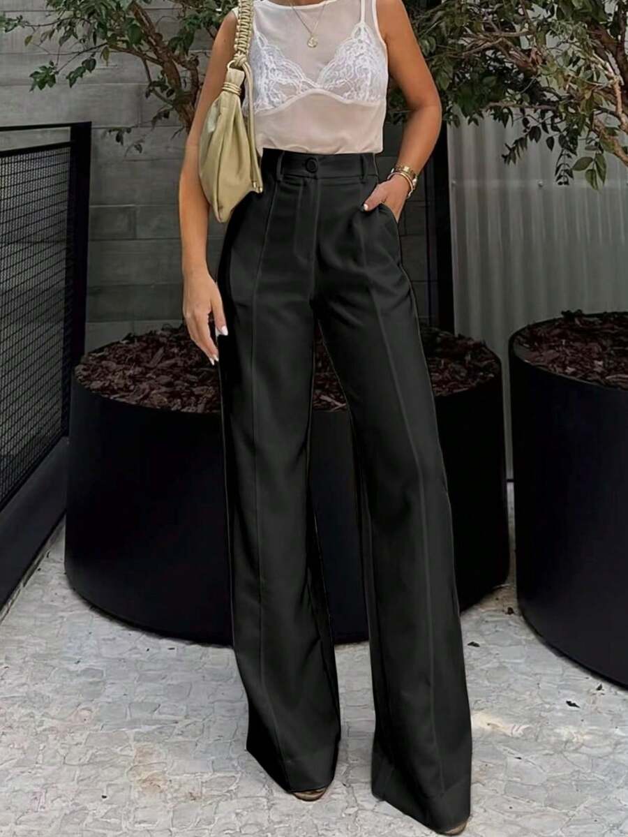 Calça de terno reta, de pernas largas. Comprimento até o chão - Preto - Visão 1