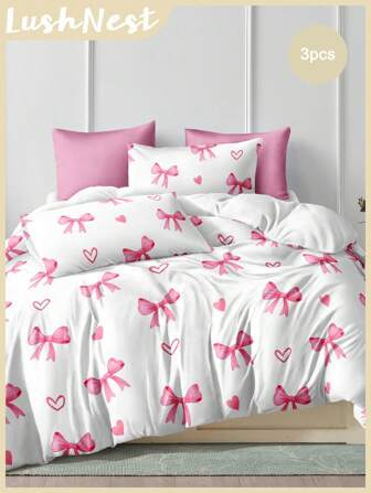 Juego de funda nórdica con estampado digital de lazos rosas y corazones dibujados a mano en acuarela (1 funda nórdica + 2 fundas de almohada sin relleno) de poliéster suave y amigable con la piel, para dormitorio principal, de invitados, en cualquier temporada, decoración estética y linda para el hogar.