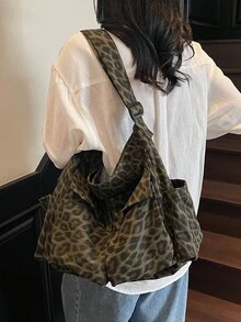 新款休闲时尚豹纹&橄榄绿大容量单肩斜跨帆布托特包，流浪汉风格，欧美风，适合上学、日常、购物、户外、旅行、健身房，新月形复古斜挎包 - 墨綠色 - 查看 7