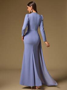 Elisanya Women's Solid Color Waist Pleated, Gathered Collar, Beaded Decor, Long Sleeve Maxi Elegant Dress