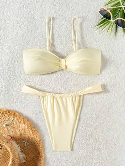 Bộ đồ bơi 2 mảnh bikini dây mảnh hở lưng gợi cảm cho nữ, màu vàng nhạt