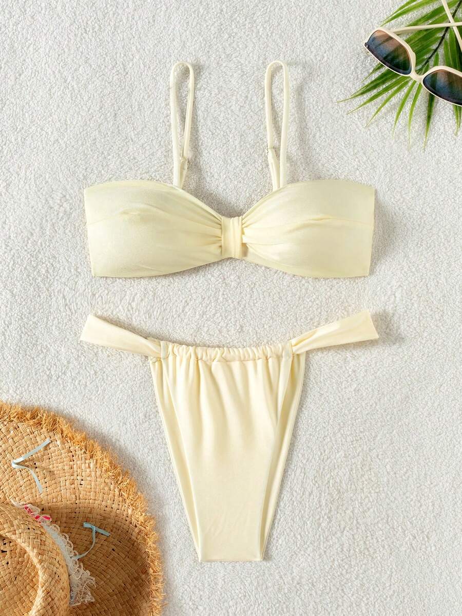 Bộ đồ bơi 2 mảnh bikini dây mảnh hở lưng gợi cảm cho nữ, màu vàng nhạt - Kem - Xem 1