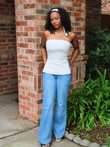 Steph T 纯色开叉下摆抹胸，女士休闲开叉露肩修身白色纯色女式上衣，春夏，休闲日常穿着