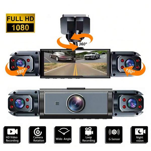 Dash Cam For Car, 3-Camera HD Dash Camera, Front + Left + Right 360° View Camera-3.16" IPS Screen, Wide Angle, Adjustable Lens, Loop Recording, Night Vision, Motion Detection
