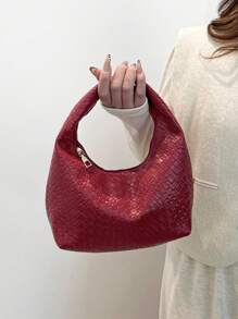 皮革腋下法棍包，适合外出、约会和通勤。时尚不对称方形手提包，PU编织纹理托特包，酒红色，日常工作包，顶部手柄钱包（图案随机）