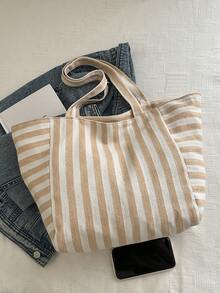 时尚复古条纹帆布手提包，大容量，用途广泛，是工作、上学或户外活动的理想之选，可用作背包、帆布包或沙滩包。 - 卡其色 - 查看 3