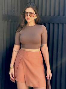 Cropped Blouse Short Sleeve Polyamide Suplex Round Neck Mia - Rust Brown - View 7