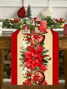 1pc 35*180cm/13.78*70.87inch Christmas Table Runner, Holiday Fabric Decor Tablecloth, Red Christmas Flower, Christmas Ball & Bell Pattern Long Rectangular Tabletop Cloth, Suitable For Christmas Home Decor - Christmas - View 5