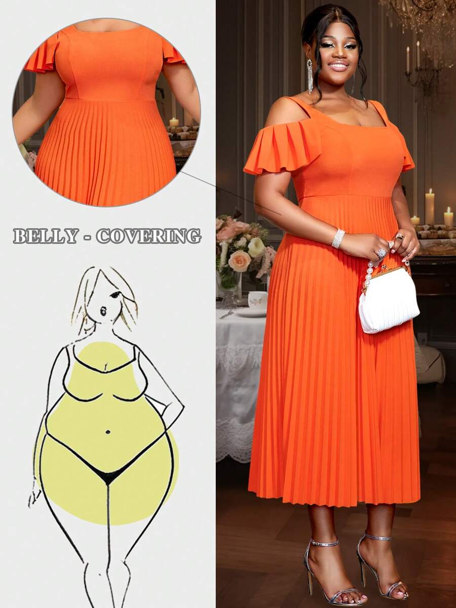 Square Neck Elegant Commute Off-Shoulder Pleated Dress - Orange - View 1