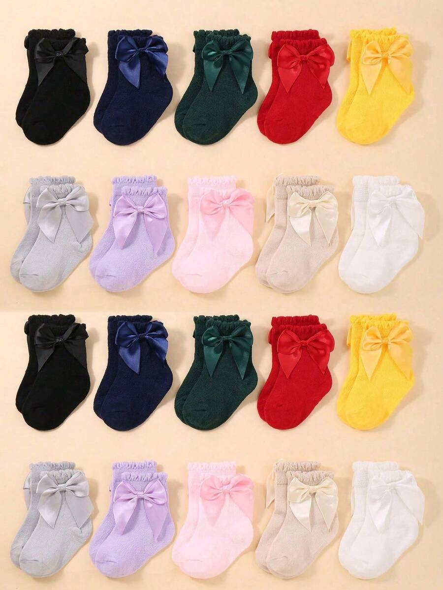 20/10 Pairs Toddler Infant Newborn Baby Girls Princess Bow Tie Socks - Cute Bow Tie Accents, Baby Girls Socks Cute Socks, Perfect For Daily Wear & Party, Baby Shower Decoration Gift - 彩色 - 查看 1