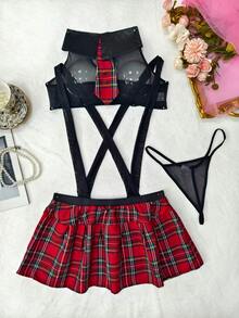 3pcs Set European & American Sexy Student Lingerie Set, Sheer Women's Seductive Uniform Role-Play Costume - Black - View 2