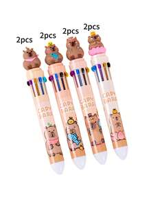 8支10色卡通熊按压圆形圆珠笔，多色按压笔，10色速干按压签名笔，书写工具，适用于学校用品，返校