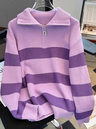 Höst/vinter Ny fyrkantig dragkedja Dam randig stickad tröja, mode high-end minimalistisk söt elegant pullover mångsidig