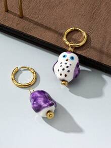 1 对 18K 镀金可爱卡通猫头鹰陶瓷耳环，带鸟和流苏元素，时尚耳环，适合女性派对、街头风格、ins 风格