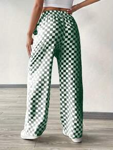 Casual Loose Plaid Print Drawstring Straight Leg Pants - Dark Green - View 2