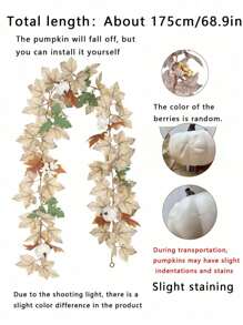 1 pieza Corona de otoño de arce y calabaza de 6 pies, corona colgante de arce blanco artificial con hojas de otoño, adecuada para decoración de interiores y exteriores, fiestas familiares, bodas, Halloween, Acción de Gracias, decoración de chimeneas, cenas de boda, duradera y reutilizable