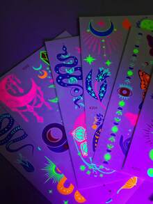 8 Sheets Y2K Glam Neon Glow Temporary Tattoos, Blacklight Body Art Stickers, UV Light Glow Tattoo Stickers, Perfect For Night Parties & Halloween, Assorted Designs For Music Festival And Party Body Make - Multicolor - View 12