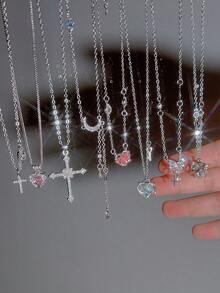 9/8pcs Fashionable Y2K Style Exquisite Cute Design Vintage Multi-Piece Stackable Colorful Crystal Bling Bling Cross, Heart, Star, Moon, Butterfly Wing, Bow Pendant Multilayer Necklace Set, Suitable For Holiday, Party, Date, Gift, Daily Wear - Silver - View 5