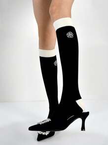 1双/2双 法式刺绣山茶花图案过膝袜，黑白配色，Y2K风格，舒适