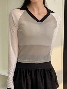 YIU Women's Summer Casual Tight-Fitting Contrast Color Sheer Fashionable Blouse, Suitable For Back To School, Party, Date - Beige - View 6