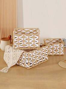 1pc Handwoven Storage Basket, Multipurpose Desktop Organizer Box, Living Room Storage Bin, Can Store Snacks, Toys, Keys And Small Items, Bohemian Geometric Woven Basket, Wooden Rattan Planter Stand, Mixed Natural Rope Decor, Creates Coastal Ambiance. - square - View 1