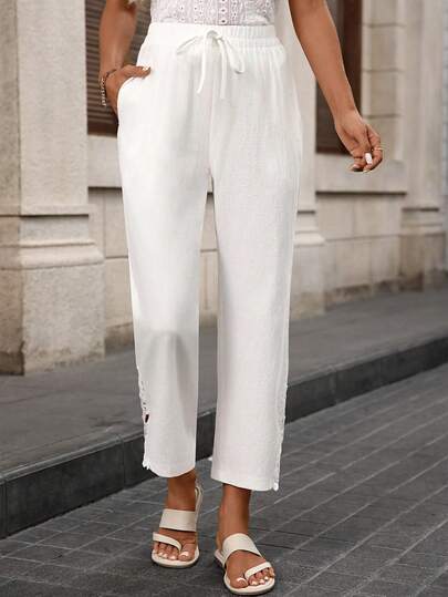 Women's Casual Elastic Waist Lace Straight Pants, Solid Color White Spring