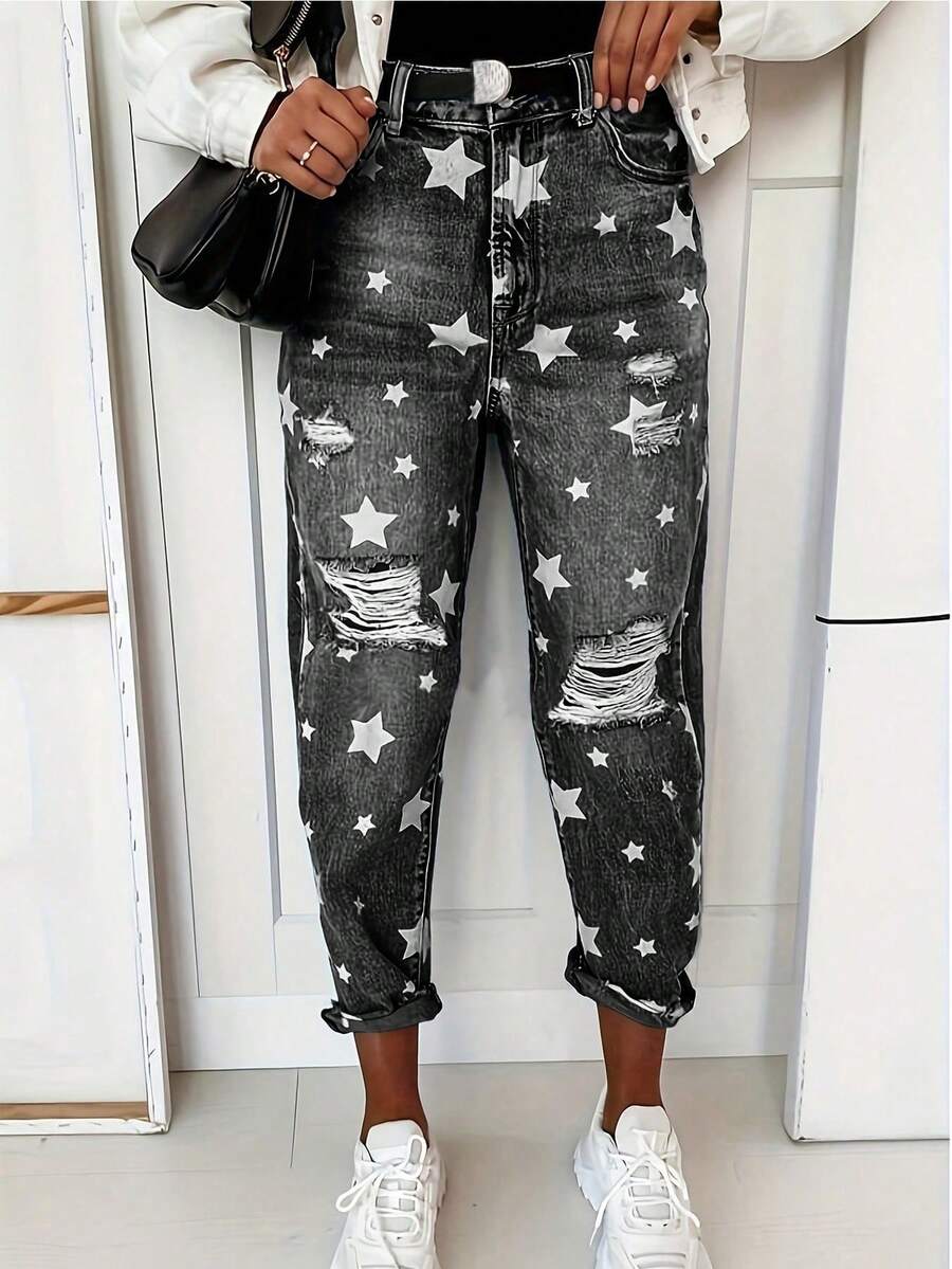 1 pieza Jeans de cintura alta ajustable con estampado de estrella desgastado y lavado, sin estiramiento, talla grande, para mujer, Jeans de mezclilla con estampado de estrella, nueva llegada 2025, moda, producto talla grande vendido