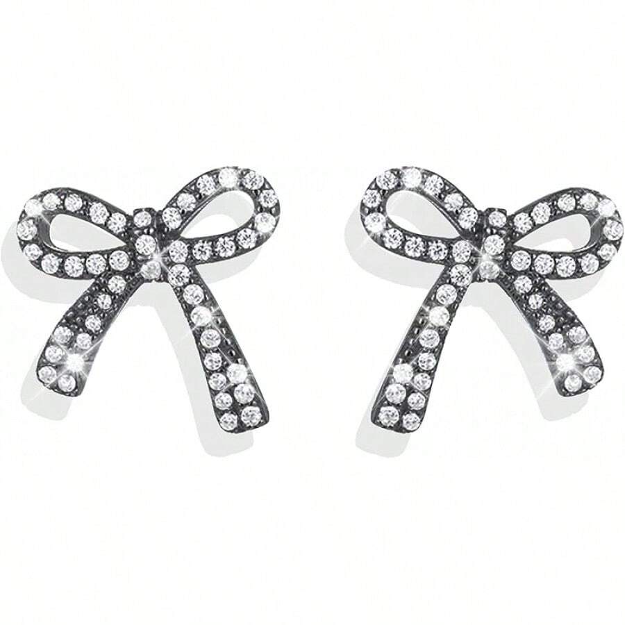 Bow Earrings For Women Sparkly Rhinestone Chain Tassel Earrings Cute Ribbon Stud Earring Daily Party Jewerly Gifts Christmas Stocking Stuffers - A8:黑色蝴蝶結耳環 - 查看 1