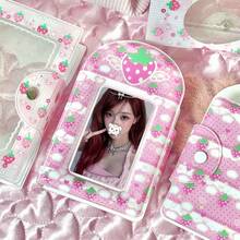 1 件可爱粉色草莓相册，圆角方形卡夹，适用于 3-3.5 英寸 KPop 偶像专辑照片卡，PU 材质，迷你照片卡存储和保护，粉丝和动漫/游戏爱好者必备 - 粉色 - 查看 6