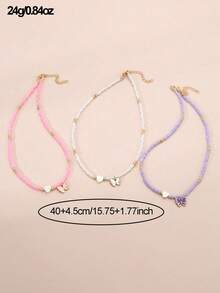 3pcs/Set Girls Colorful Beaded Hearts And Butterfly Necklace Combo - Multicolor - View 2