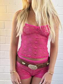 Lace Pajame Sets For Women 2 Piece Floral Sleeveless V Neck Cami Tank Top And Low Waist Elastic Shorts Set Y2K See Through Matching Lounge Sleepweer - 玫紅色 - 查看 2