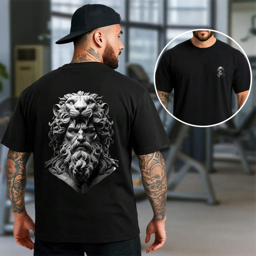 Oversized T-Shirt God With Lion Greek Mythology Print Imposing Streetwear Style