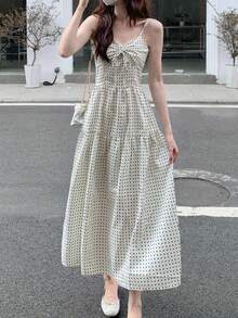 Đầm hai dây chấm bi cho nữ, mẫu mới về, đầm in họa tiết ôm dáng, kiểu dáng ngẫu nhiên, thanh lịch cho mùa hè. - Màu be - Xem 1