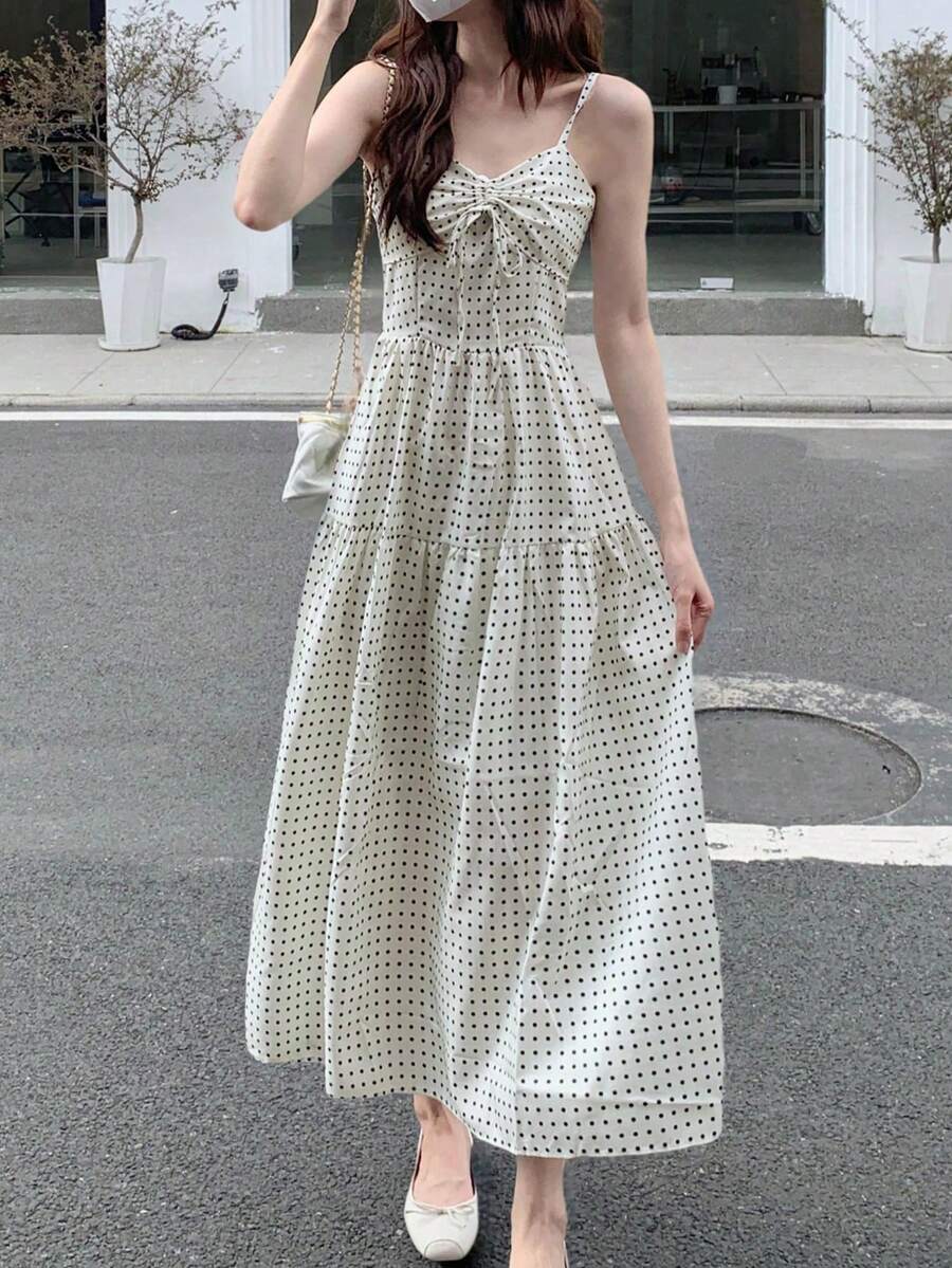 Đầm hai dây chấm bi cho nữ, mẫu mới về, đầm in họa tiết ôm dáng, kiểu dáng ngẫu nhiên, thanh lịch cho mùa hè. - Màu be - Xem 1