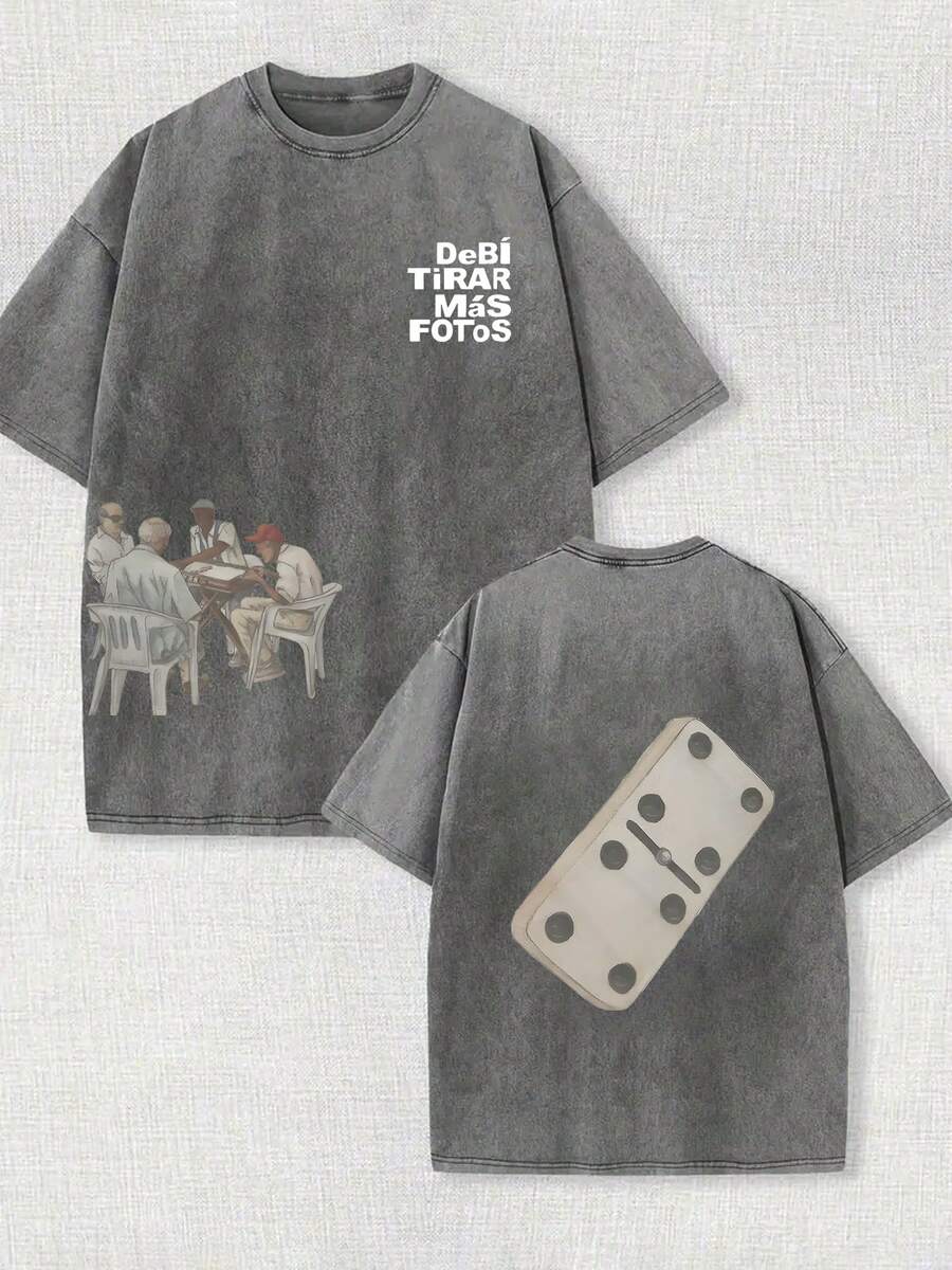 230g Double-Sided Washed, Play Together Printed T-Shirt, High-Quality Wax Printed Cotton Retro Fashion Brand T-Shirt, Men's T-Shirt, Beach Essential, Summer T-Shirt, Holiday Gift, Perfect Gift - Màu xám đen - Xem 1