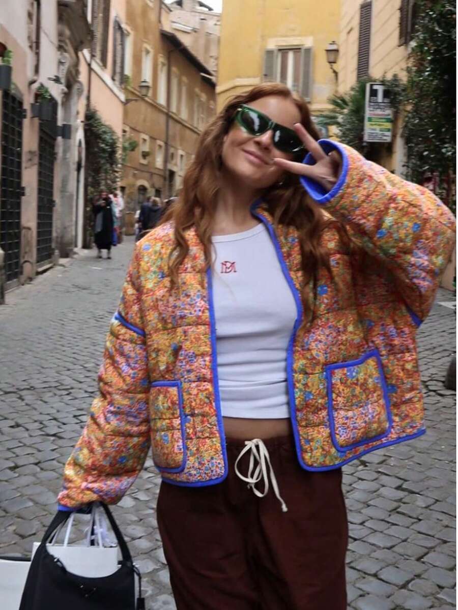 Women's Casual Asymmetric Pocket Printed Warm Jacket, Autumn/Winter - Orange - View 1