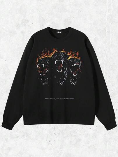 Tiny Spark 黑色长袖 Cerberus Dog 图案 T 恤