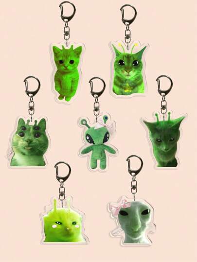 1/7 pièces Porte-clés acrylique drôle et étrange avec motifs d'extraterrestres verts, visage vert, chat extraterrestre, chat fâché, chat debout pleurant. Pendentif, ornement de sac à dos, charm de sac, accessoire de téléphone portable, bijou, accessoire de sac d'école, pendentif de sac à main. Idées de cadeaux pour l'Halloween, la Fête des enseignants, Noël pour les amis