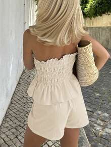 Vaiaye Women's Hawaii Boho Tropical Beach Vacation 2-Piece Set – One-Shoulder Striped Ruffle-Edge Minimalist Everyday Bandeau Top & Shorts, Perfect For Dates, Afternoon Tea, Holidays, Music Festivals And Christmas.