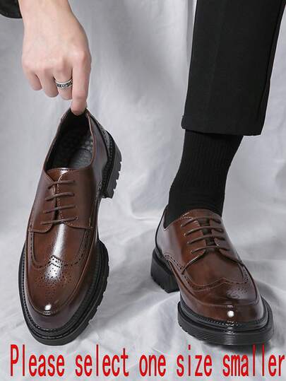 Formal Wingtip Brogues Dress Shoes For Men, Brown Carved Leather Oxford Shoes, Business Formal Casual Shoes With Laces, Increased Height, Suitable For Wedding, Formal Occasions