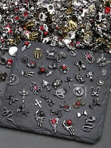 Mix 100pcs Halloween Nail Art Charms Set - 3D Alloy Skeleton, Spider, Rabbit & Cross Designs With Rhinestones For Diy Manicure Decorations - Multicolor - View 4