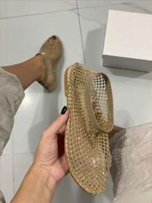 1 Pair Women's Rhinestone Fishnet Sandals - Super Comfortable Breathable Mesh Flat Shoes, Low Heel Lightweight Casual Summer Footwear - Gold - View 3