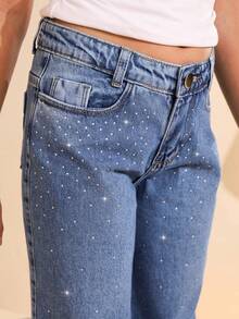 Girls' Wide Leg Jeans With Rhinestones - Stylish Girl 4 To 16 Years Old - 霧霾藍 - 查看 3