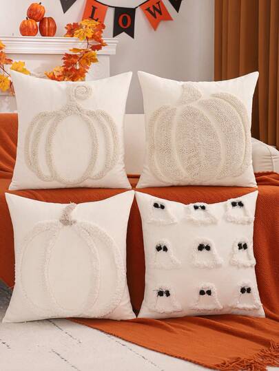Halloween Decorative Throw Pillow Cover, Pumpkin Velvet Embroidery Canvas, Suitable For Living Room, Bedroom, Thanksgiving, Cream Color,Fall Decor,Autumn Decor,Room Decor