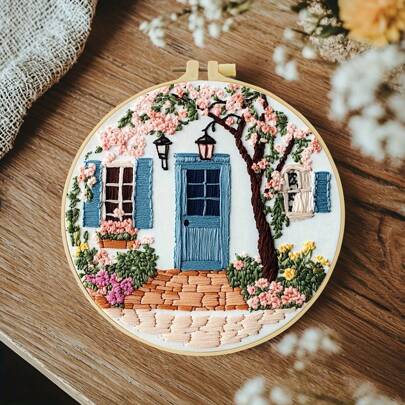 1pc Embroidery Kit,15x15cm/5.9x5.9 Inches, 20x20cm/7.9x7.9 Inches, The View From The Door, Handmade DIY Embroidery Kit, Suitable For Adults And Beginners, Includes Embroidery Cloth, Instruction Manual, Embroidery Stretching And Needle Thread, Suitable For Giving Holiday Gifts To Friends Or Family, Furniture, Office Handmade Artworks