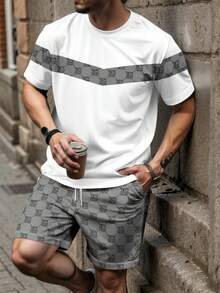 Conjunto de camiseta de manga corta de cuello redondo con estampado de letras y pantalones cortos para hombre - Gris - Ver 2