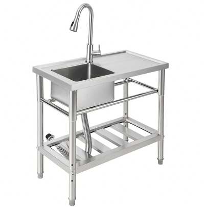 Dragonpad Free Standing Stainless Steel Utility Sink With Countertop Commercial Single Bowl Outdoor Kitchen Sink Station With Or Without Faucet & Workbench For Indoor/Outdoor Use In Garage, Laundry, Restaurant
