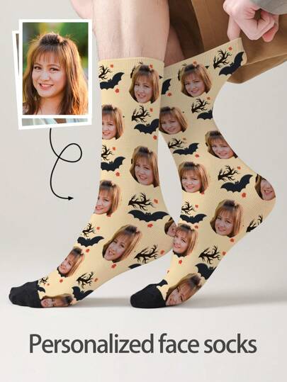1 Pair Of Customized Face Men's Mid Tube Socks, Put Any Face On Socks, Personalized Socks For With Photos, Interesting Customized Picture Pairs With Medium To Long Socks, Suitable For Valentine's Day, Birthdays, Gift Giving, And Other Occasions,Personalized Halloween